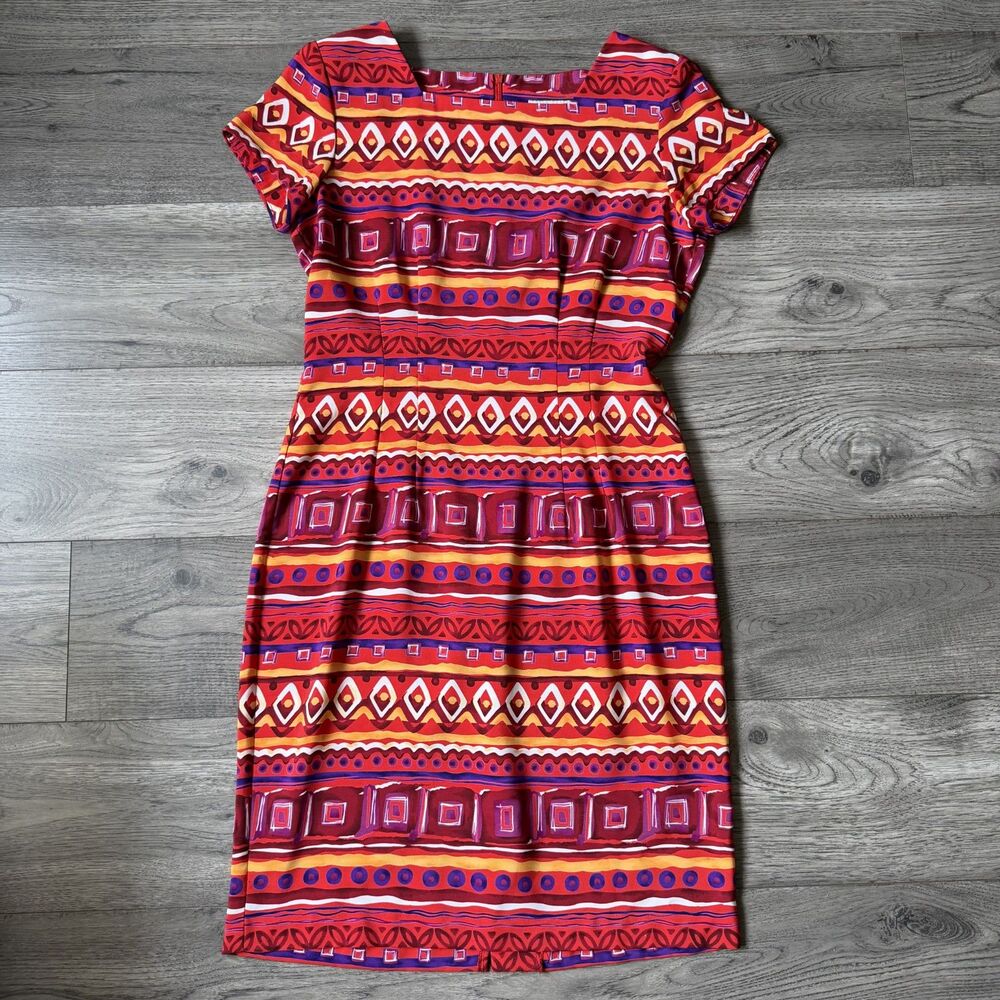 Vintage J. Stevens Women’s Red and Orange Geometric Sheath Dress - Size 10